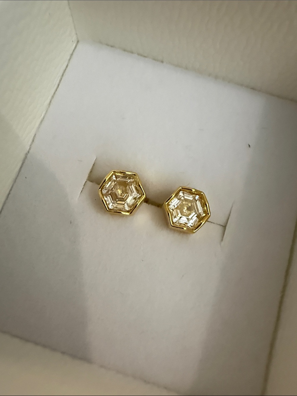 Gold Hexagon Crystal Stud Earrings - Clear/Gold